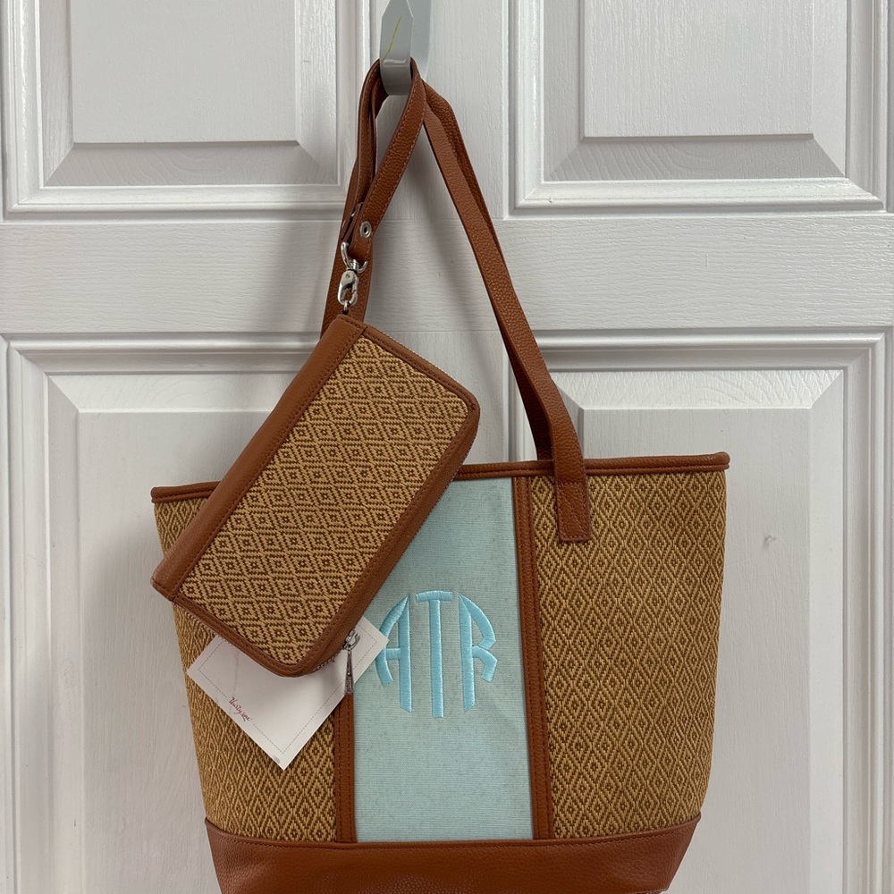 ThirtyOne Weave Brown and Blue Tote Bag with All About the Benjamins Wallet